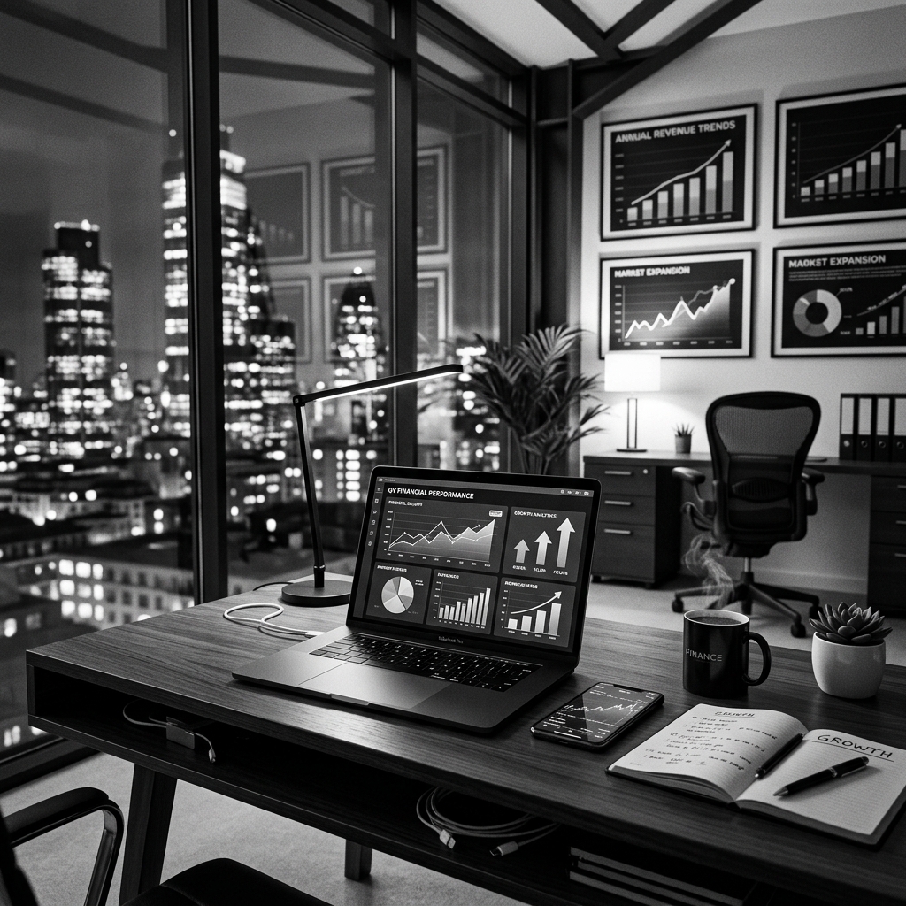 high contrast black and white minimal business desk with laptop and graphs, no human presence